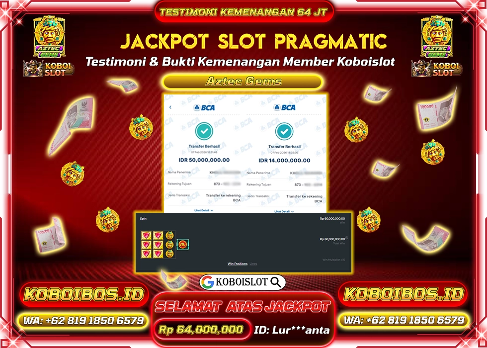 BUKTI KEMENANGAN SLOT GACOR AZTEC GEMS Rp64.000.000,- LUNAS